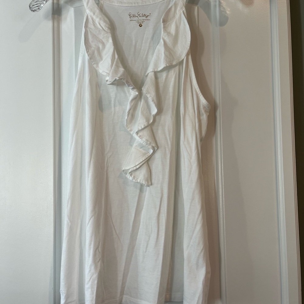 Lilly Pulitzer sleeveless white cotton blouse with neckline ruffle